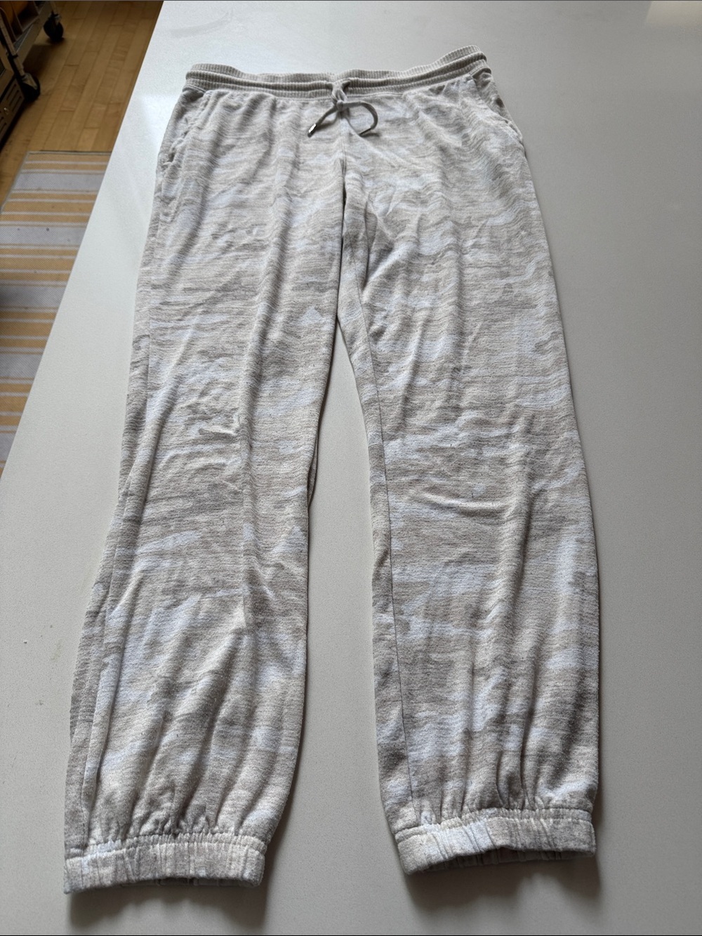 GAP Women's Camo Drawstring Track Joggers, Elastic Cuff, Grey, Beige, White